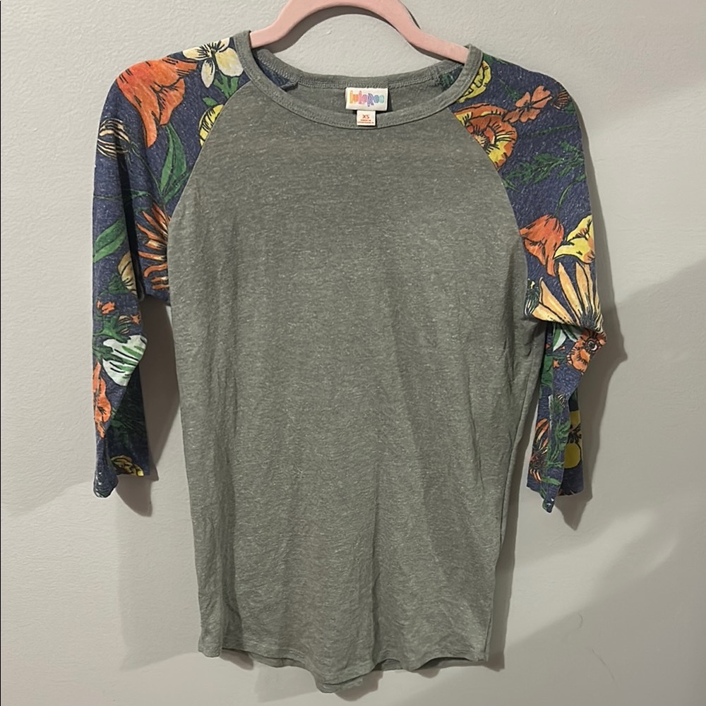 LulaRoe Gray Raglan Tee with Floral Sleeves